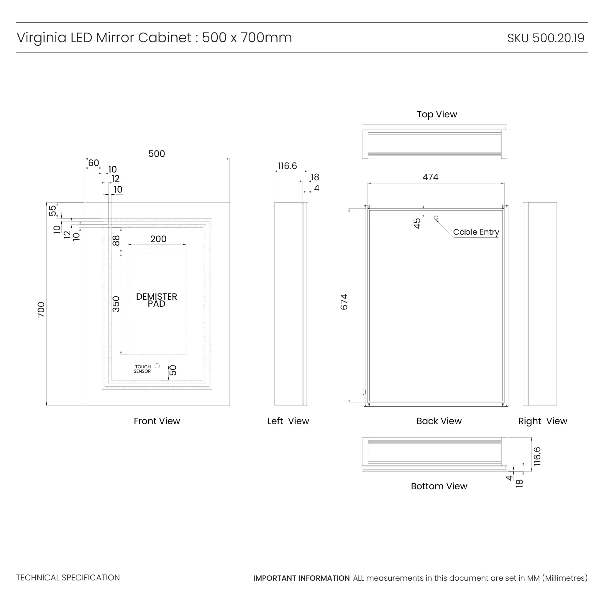 Virginia 500x700mm LED Bathroom Mirror Cabinet - Image 8